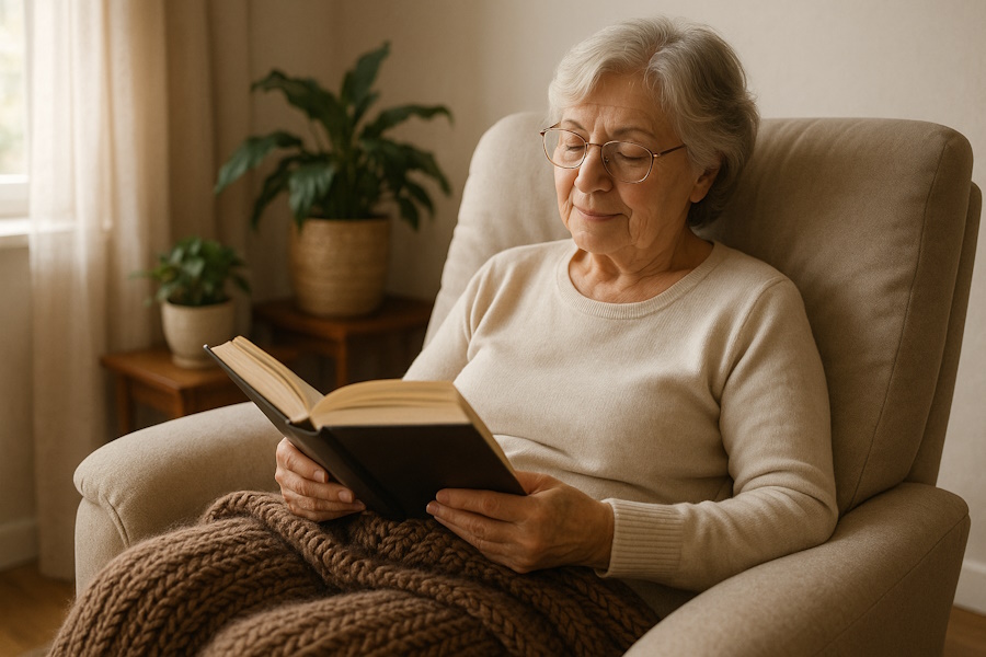 Idős hölgy kényelmesen olvas otthonában